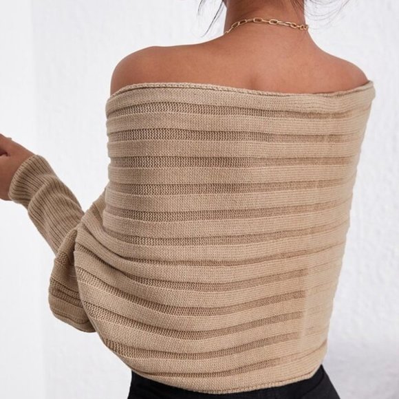 tan Off Shoulder Chunky Knit Wrap off shoulder Swe - Picture 4 of 4